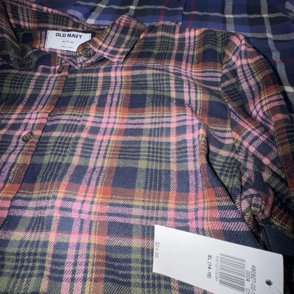 Bundle Of 2 NWT Old Navy Youth Girls XL 14/16 Plaid Flannel Shirts Colorful Boho